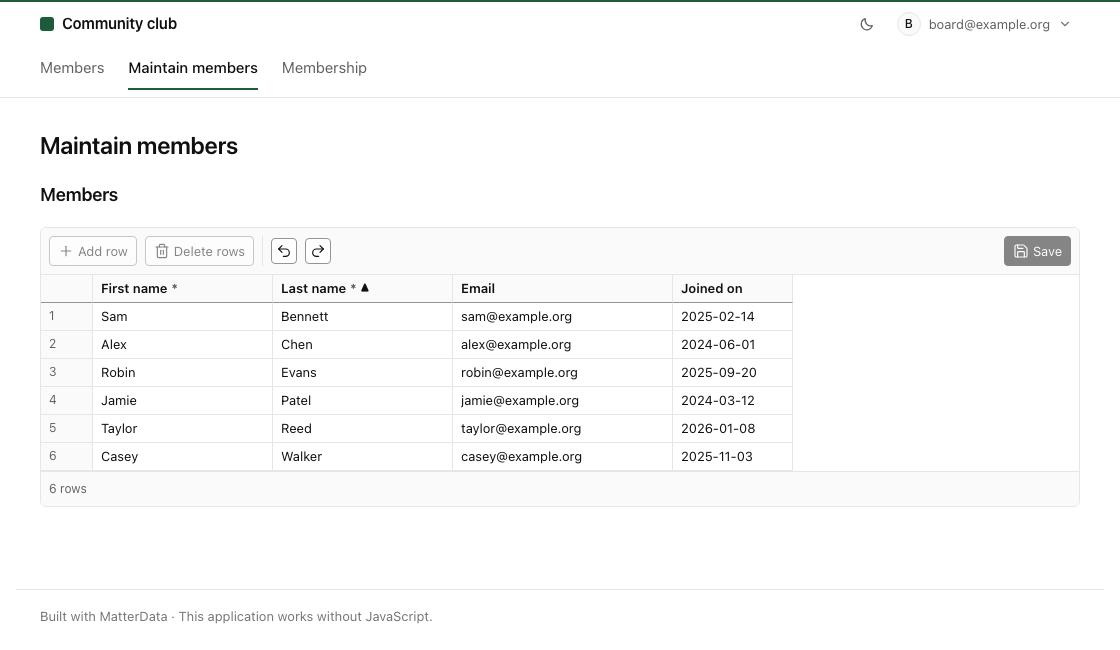 Maintain members page with an editing grid showing names, emails and joining dates, and a Save control.